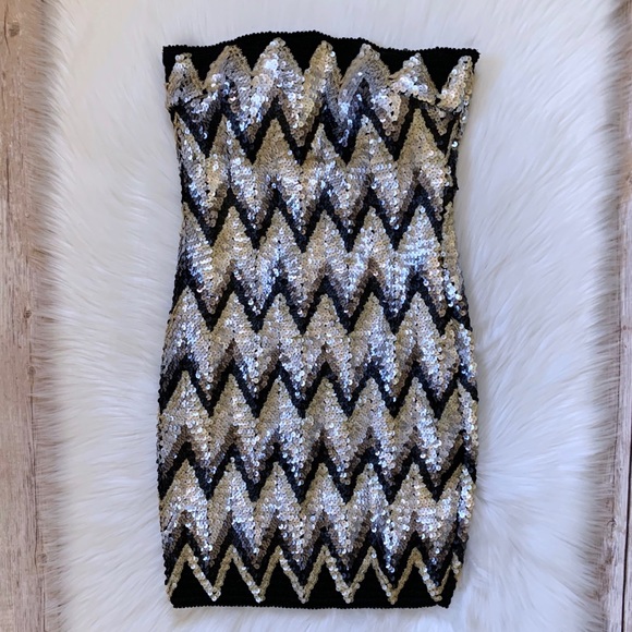 Wow Couture Chevron Sequin Strapless Mini Dress - Picture 2 of 5
